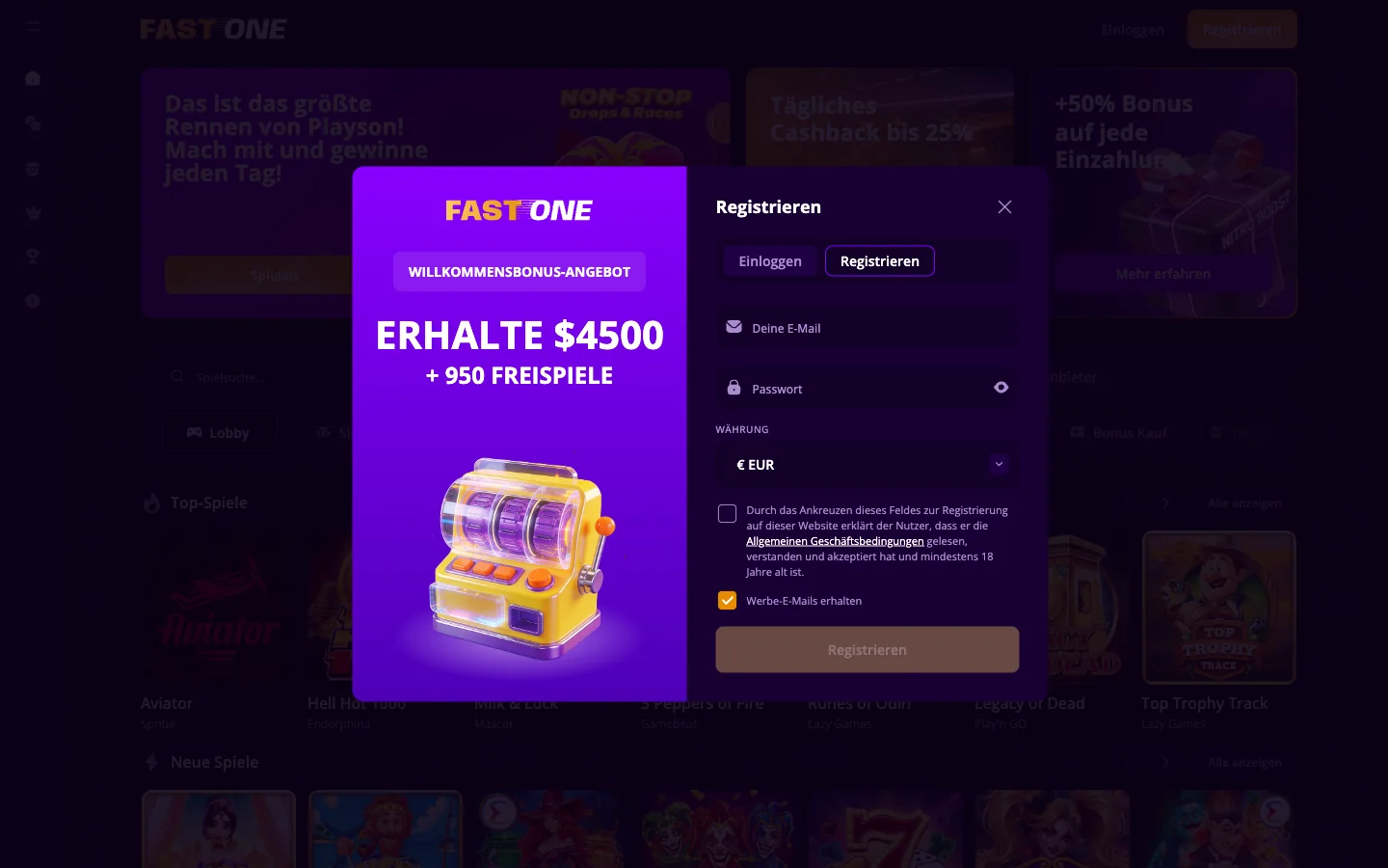 Registrierung bei F1 Casino mit Bonusfeld
